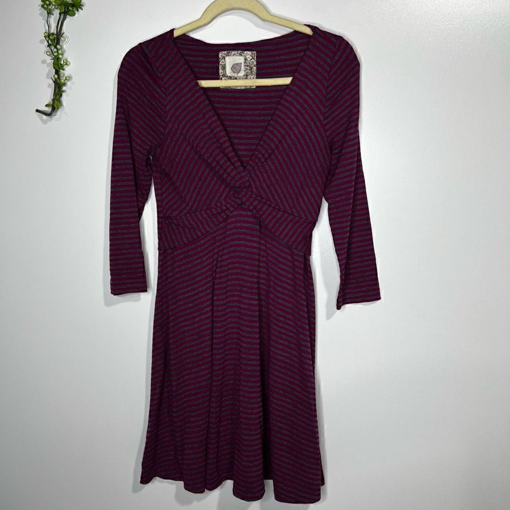 Anthropologie Lilka Fuschia Purple Gray Striped 3/4 Sleeve Dress